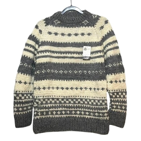 Vintage 80s 90s Fair Isle Wool Sweater – Nordic Chunky Knit Grey Ivory Deadstock Medium