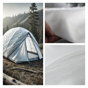 May include: A white and gray camping tent set up outdoors, with a forest and mountain backdrop. The tent has a unique geometric design and is open at the entrance. Close-up shots show the tent's white fabric texture.