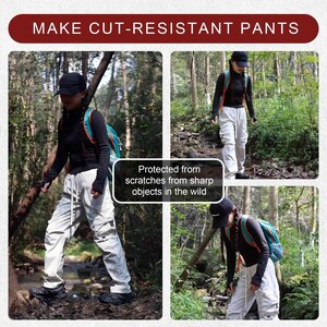 May include: Four images show a person wearing light gray cut-resistant pants in a forest setting. The pants have multiple pockets and a drawstring. The text reads "MAKE CUT-RESISTANT PANTS" and "Protected from scratches from sharp objects in the wild."