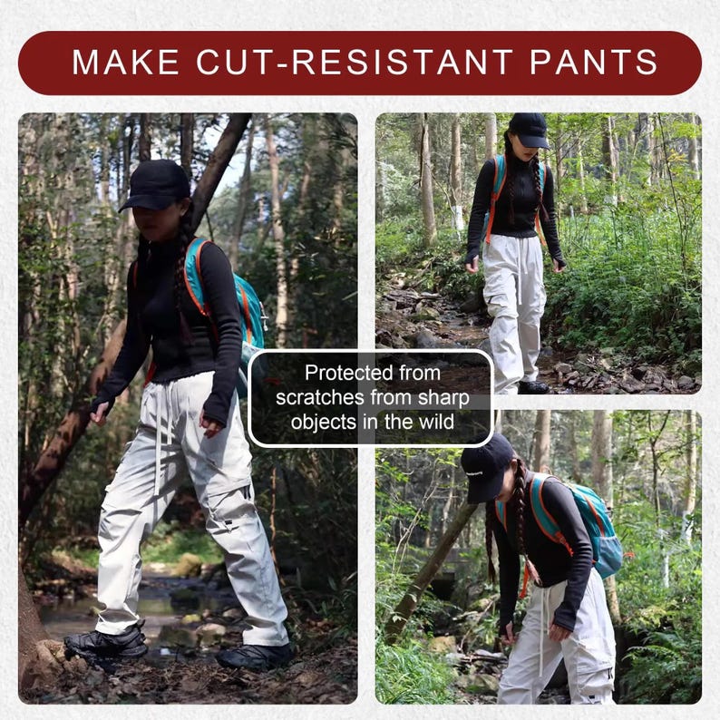 May include: Four images show a person wearing light gray cut-resistant pants in a forest setting. The pants have multiple pockets and a drawstring. The text reads "MAKE CUT-RESISTANT PANTS" and "Protected from scratches from sharp objects in the wild."