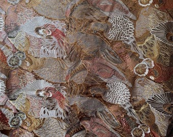 Vintage Bird Embroidery Acetate Fabric, Floral Motif Designer Textile, Drapable Medium Weight