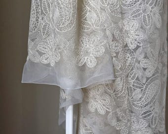 Ivory Leaf Embroidery Lace Tulle Fabric, Soft Stretch Flowy Nylon Mesh by the Yard for Bridal Veil Dress DIY