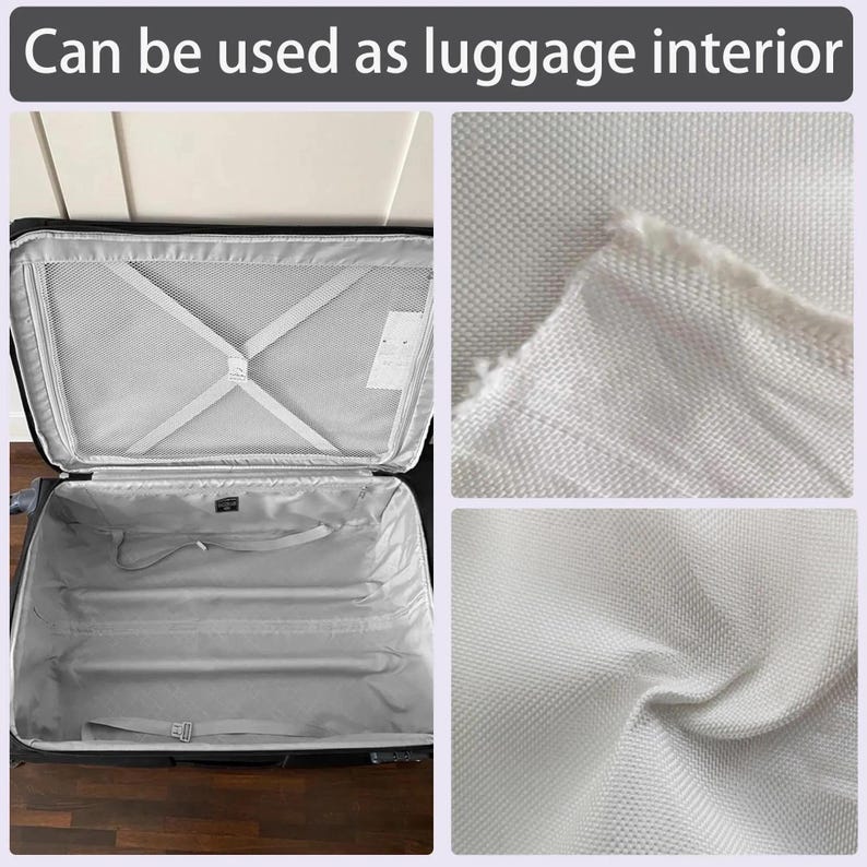 May include: Open black suitcase with a gray interior, featuring a mesh divider and cross straps. The image also shows close-ups of the gray fabric used inside the luggage. Text at the top reads: "Can be used as luggage interior."