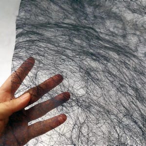 Könnte beinhalten: Ein Blatt aus durchsichtigem schwarzem Stoff mit einer zarten, netzartigen Textur. Das Material wird hochgehalten, wodurch seine Transparenz und sein kompliziertes Design sichtbar werden. Der Stoff scheint leicht und fließend zu sein, mit einem leicht wellenförmigen Muster.