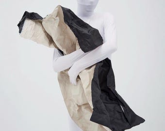 Beige Sculptural Foil Fabric, Triple-Layer Foldable Textile, Architectural Silhouette Hat Material