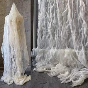 Puede incluir: Una tela de color blanco roto, transparente y con un acabado texturizado y arrugado. El material est&aacute; drapeado en largos pliegues verticales, creando una apariencia fluida. La tela es ligera, semitransparente y tiene bordes irregulares.
