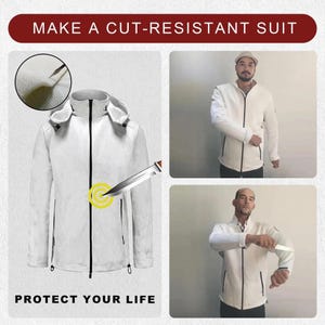 May include: White cut-resistant jacket with a hood and black zipper. The image shows a knife being used to test the jacket's cut resistance. Text on the image reads "MAKE A CUT-RESISTANT SUIT" and "PROTECT YOUR LIFE."