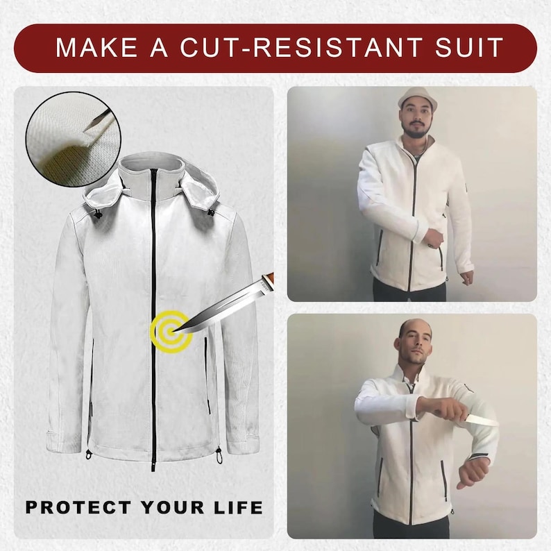 May include: White cut-resistant jacket with a hood and black zipper. The image shows a knife being used to test the jacket's cut resistance. Text on the image reads "MAKE A CUT-RESISTANT SUIT" and "PROTECT YOUR LIFE."