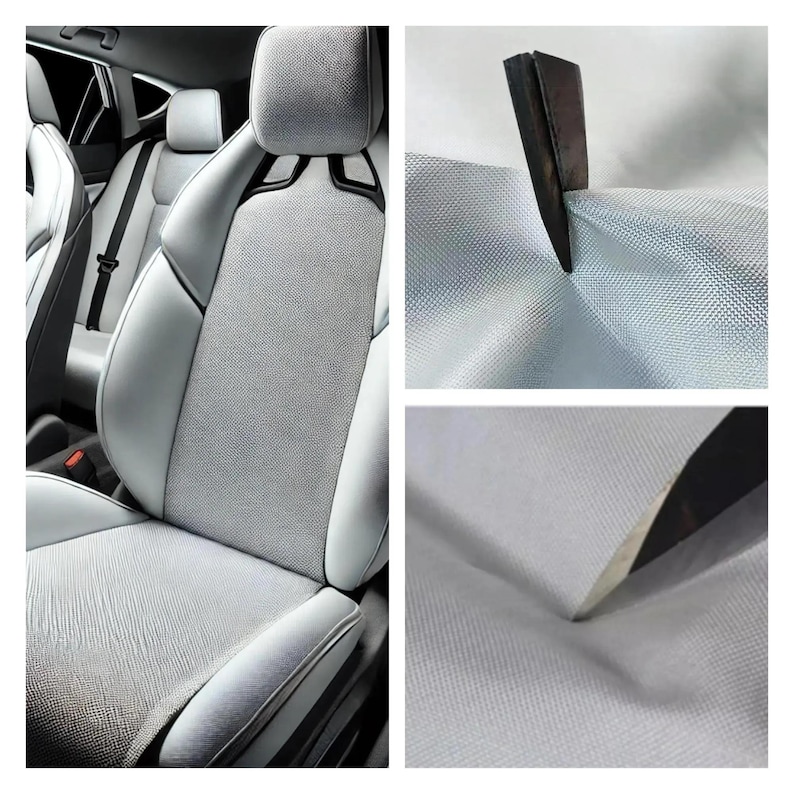 May include: A light gray car seat with a textured center panel and white leather accents. The seat has a headrest and a seat back. Additional images show a knife cutting into a light gray fabric.