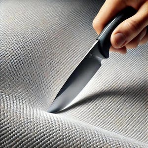 Könnte beinhalten: Ein schwarzes und silbernes Messer mit schwarzem Griff wird in eine strukturierte, hellgraue Oberfläche gedrückt. Die Klinge ist abgewinkelt, wodurch ein Kontrast zwischen dem glänzenden Metall und dem matten Hintergrund entsteht. Das Messer scheint scharf zu sein.