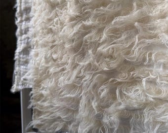 Cream Wool Cotton Blend Cut Pile Fabric, Plush Fringe Textured Material for Decor