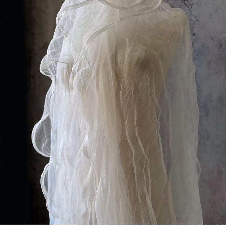 Tela de tul de malla Wabi Sabi arrugada color marfil, red de nailon elástica suave cortada a medida para velo de novia, vestido bohemio DIY imagen 6