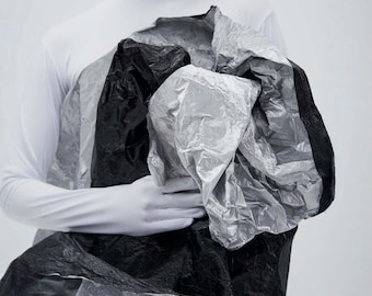 Silver-Black Sculptural Foil-Laminated Crisp Fabric, Crushable Shape-Memory Designer Textile, Handmade Bag Deconstructed Sculpt Sewing