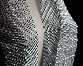 Silver Rhinestone Mesh Trim, Sparkly Crystal Diamond Ribbon for DIY Costume Embellishment and Fashion Design Accessory Craft