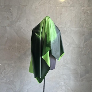 May include: A two-toned green fabric draped over a mannequin. The fabric transitions from a dark green to a vibrant lime green. The mannequin is on a black stand, set against a gray tiled wall.