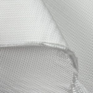 May include: Close-up of a light gray fabric with a woven texture. The fabric is folded over, revealing the edge and the intricate pattern of the weave. The material appears soft and smooth.