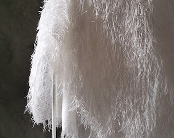 White Cutout Fringe Fabric, Sheer Feather Soft Draping Cloth, Bridal Cape Gown DIY