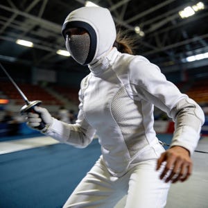 May include: A person in a white fencing uniform, including a mask, jacket, and pants, holding a foil. The uniform has mesh detailing on the shoulders and chest. The background shows a sports arena with blue flooring.