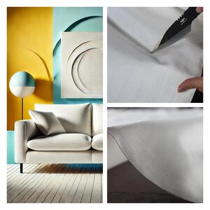 May include: A modern living room scene featuring a white sofa with a matching throw pillow. The image also shows a close-up of white fabric being cut with a knife, highlighting the material's texture. The background includes abstract art and a decorative lamp.