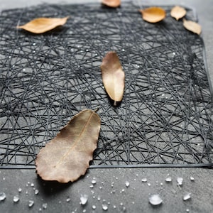 Puede incluir: Un mantel individual rectangular negro con una red densa e intrincada de líneas negras finas que se cruzan. Varias hojas ovaladas secas de color marrón claro están esparcidas por la superficie, sobre un fondo gris oscuro texturizado.