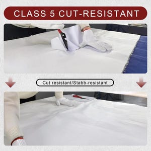 May include: Two images demonstrate the cut resistance of a white fabric. The top image shows a knife cutting the fabric, while the bottom image shows the fabric after being cut. Text reads "CLASS 5 CUT-RESISTANT" and "Cut resistant/Stabb-resistant."