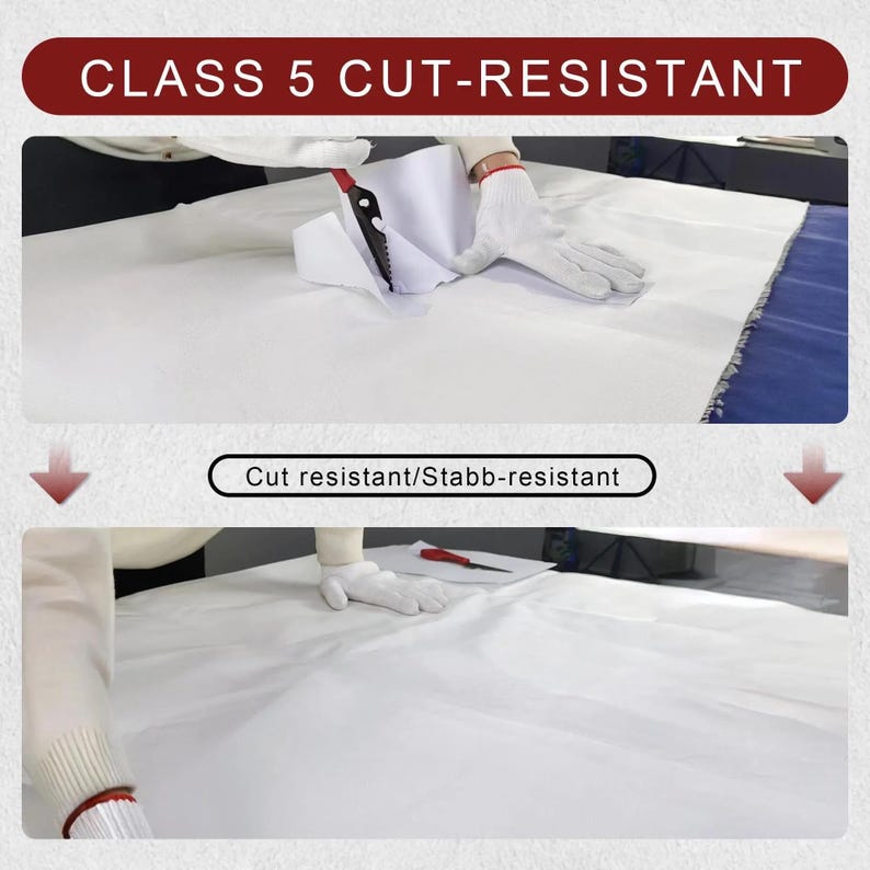 May include: Two images demonstrate the cut resistance of a white fabric. The top image shows a knife cutting the fabric, while the bottom image shows the fabric after being cut. Text reads "CLASS 5 CUT-RESISTANT" and "Cut resistant/Stabb-resistant."