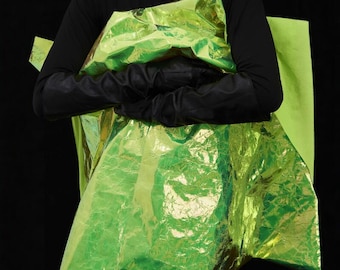 Green Iridescent Plastic-Like Crinkle Waterproof Tech Fabric – Creative Designer Material for Futuristic Wear & Rainwear