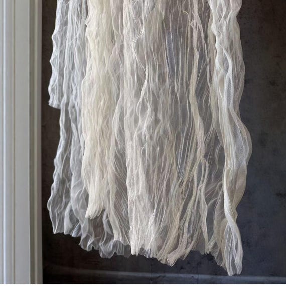 Ivory Crinkled Wabi Sabi Mesh Tulle Fabric, Soft Stretch Nylon Net by the Yard for Bridal Veil Boho Dress DIY