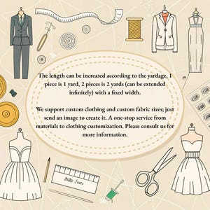 May include: Illustration of clothing design elements, including a suit, dresses, and sewing tools. Text states custom clothing and fabric sizes are supported. Measurements are in yards.