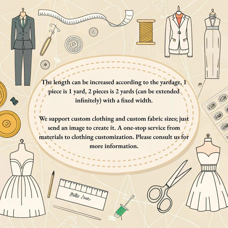 May include: Illustration of clothing design elements, including a suit, dresses, and sewing tools. Text states custom clothing and fabric sizes are supported. Measurements are in yards.