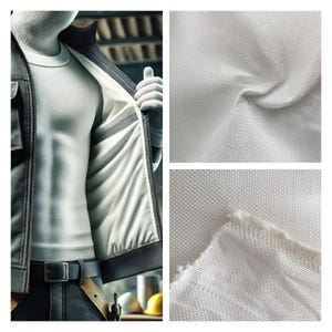 May include: A person wearing a black leather jacket with a white t-shirt underneath. The jacket has a gray lining. The image also shows close-ups of white woven fabric.