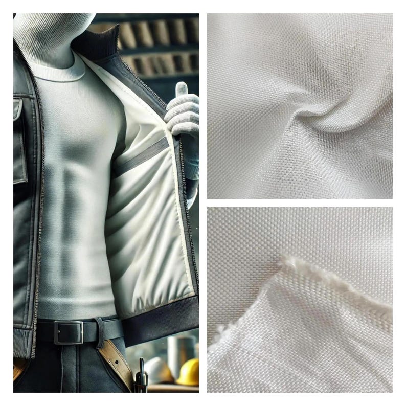 May include: A person wearing a black leather jacket with a white t-shirt underneath. The jacket has a gray lining. The image also shows close-ups of white woven fabric.