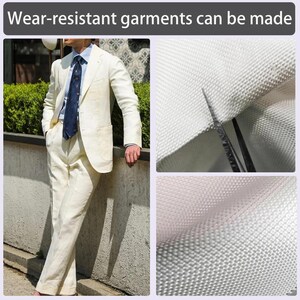 May include: A cream-colored suit with a matching jacket and pants. The suit is worn with a blue and navy patterned tie and a light blue dress shirt. The image also shows close-ups of the fabric and the text "Wear-resistant garments can be made".