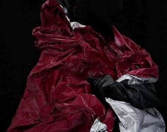 Red-Silver Sculptural Foil-Laminated Crisp Fabric, Crushable Shape-Memory Designer Textile, Handmade Bag Deconstructed Sculpt Sewing