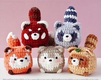 Bundle aus 5 Häkelanleitungen Die pummeligen Tiere des Waldes, englisch, Anleitung französisch, Amigurumi Fuchs, Roter Panda, Husky, Waschbär, Tanuki, Chunky Yarn