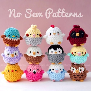 Pode incluir: Doze amigurumis de pássaros de crochê em várias cores, incluindo azul, amarelo e rosa. Cada pássaro tem um design único. O texto "No Sew Patterns" é exibido na parte superior da imagem.