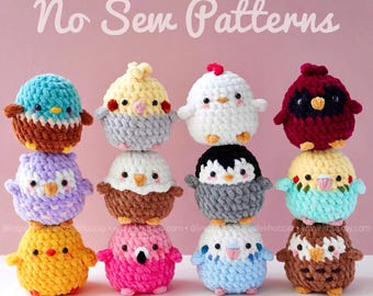 Combo 12 Vögel, Häkelmuster, bezaubernde Eier, Amigurmi, Englisch, Französisch Anleitungen, no sew, low sew Muster