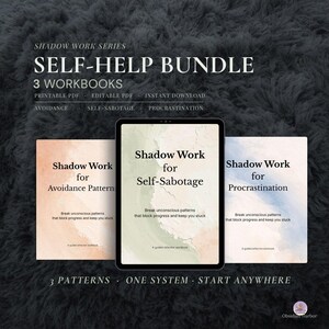 May include: A self-help bundle with three workbooks: "Shadow Work for Avoidance Patterns," "Shadow Work for Self-Sabotage," and "Shadow Work for Procrastination." The bundle includes printable and editable PDFs for instant download. The workbooks are displayed on a tablet and two books.