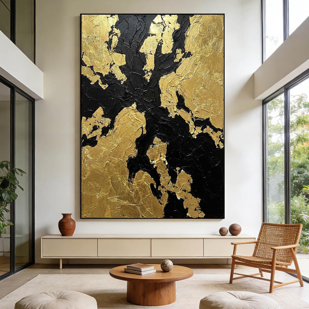 Original Modern Black and Gold Abstract Painting, Large Textured Wall ...