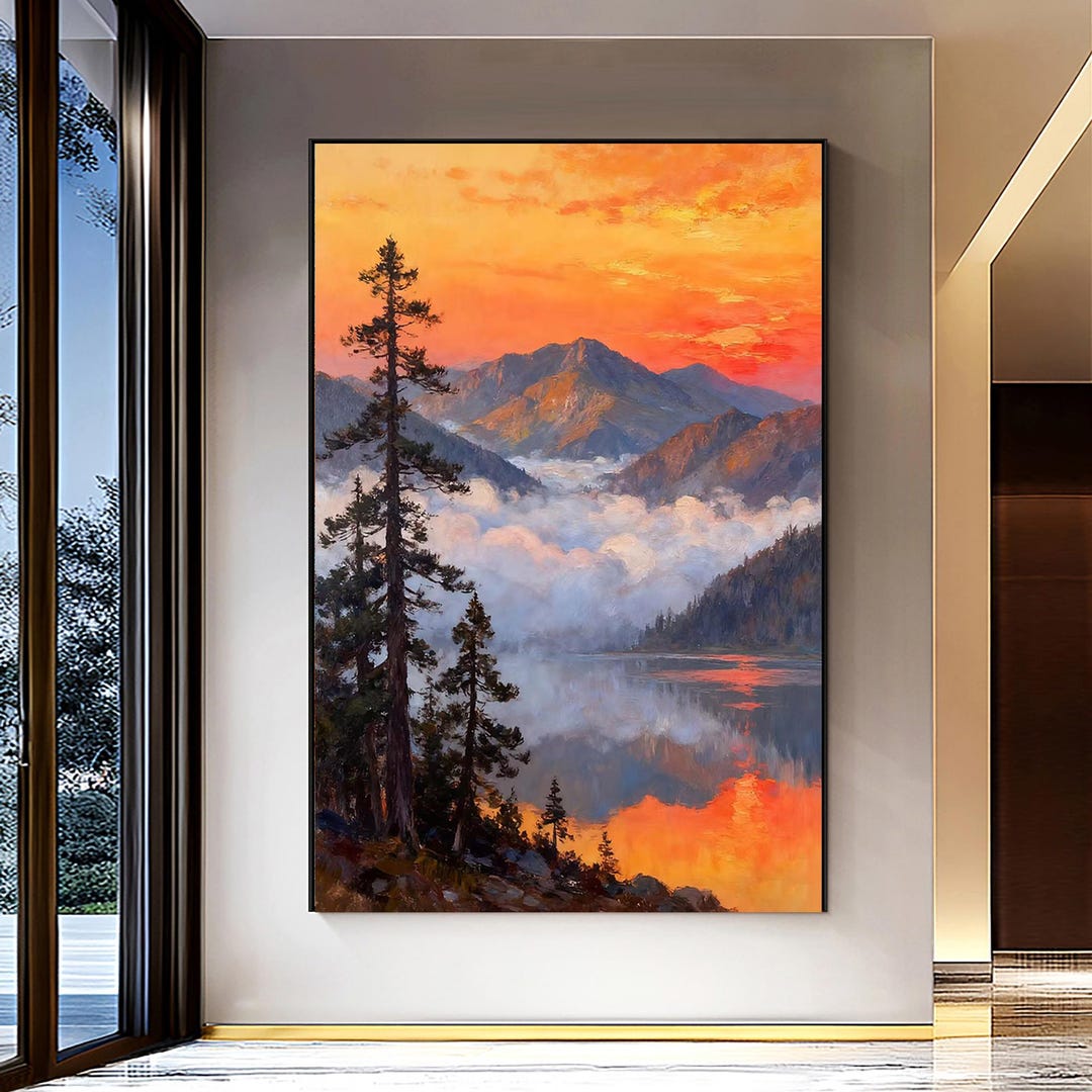 Original Large Sunset Mountain Wall Art, Misty Lake Landscape Painting ...