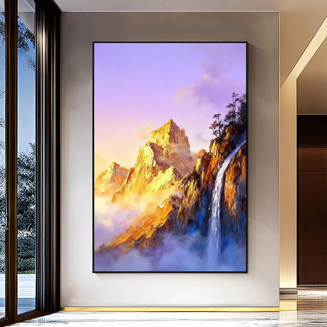 Original Golden Mountain Waterfall Wall Art – Modern Landscape Oil ...