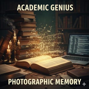 May include: An open book with glowing mathematical equations and the text "ACADEMIC GENIUS" and "PHOTOGRAPHIC MEMORY". A laptop, candles, and stacks of books are on a wooden desk, creating a scholarly atmosphere.