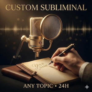 May include: A gold microphone and pop filter are in front of an open notebook. The notebook has the words "Your Name" written on it. The image also displays the text "CUSTOM SUBLIMINAL" and "ANY TOPIC • 24H".