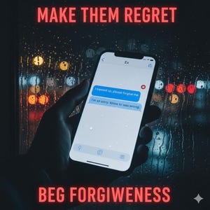 Puede incluir: Un teléfono inteligente muestra una conversación de mensajes de texto con las frases "I messed up, please forgive me" y "I'm so sorry, know to was wrong." La imagen incluye el texto "MAKE THEM REGRET" y "BEG FORGIVENESS" en rojo.