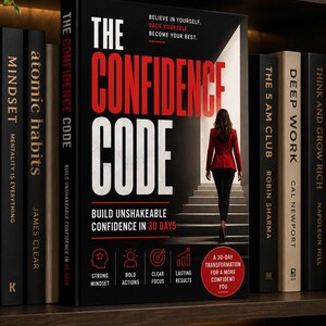 May include: A black book titled The Confidence Code with red and white text. The cover features a person in a red blazer walking up stairs toward a bright doorway. Below, four icons represent strong mindset, bold actions, clear focus, and lasting results.