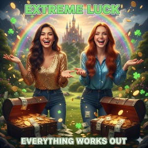 May include: An illustration with the text "EXTREME LUCK" and "EVERYTHING WORKS OUT". Two women stand in a field with a rainbow, castle, and treasure chests overflowing with gold coins and money. The women wear sequined tops and jeans.