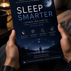 Könnte beinhalten: Ein dunkelblaues Buch mit dem Titel Sleep Smarter: A Science-Backed Guide to Better Sleep and Peak Performance. Das Cover zeigt einen Vollmond, die Silhouette einer Person in einer Landschaft sowie Symbole für Schlaf und Energie.