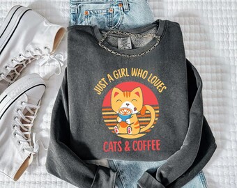 Cats Coffee Lover Sweatshirt, Cute Cat Crewneck, Coffee Addict Gift, Vintage Comfort Colors Cat Sweater, Funny Cat Mom Gift