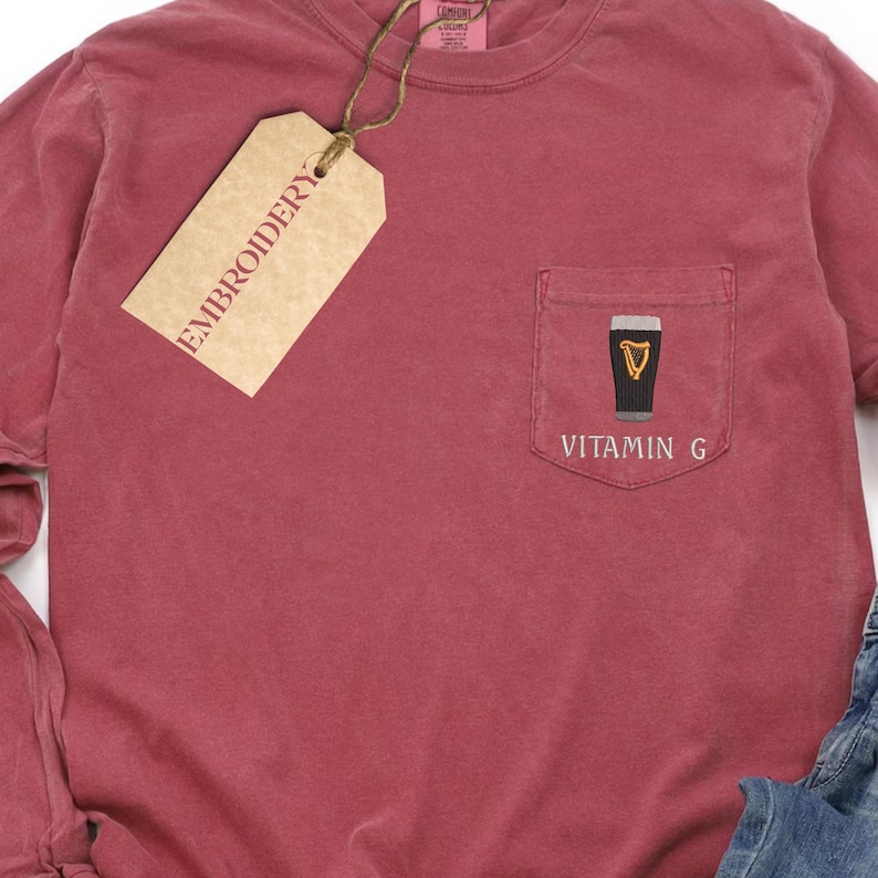 Vitamin G Guinness Embroidered Long Sleeve T-shirt, Funny Irish Beer Comfort Colors Shirt, St. Patrick’s Day Gift image 1