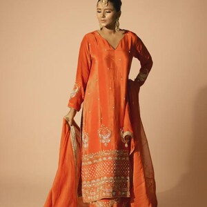 Mayrake Orange Crepe Silk Full-Sleeve Long Kurta Sharara Set with Dupatta